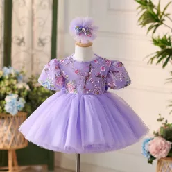   Rochita botez mov Eusebia Deluxe Volume 0-12 ani cu paiete tulle si broderie