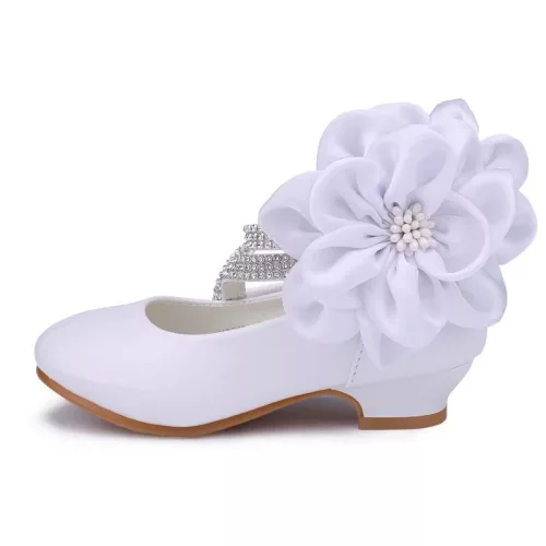 Pantofi fetite cu toc albi cu strasuri si floare mare Edeli 26-36