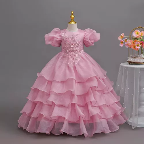 Rochie lunga de ocazie fete roz pudra Flavia 4-12 ani cu volane si broderie