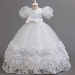   Rochita elegante fete Luana 3-9 ani lunga alba cu trandafiri si paiete