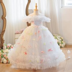   Rochita nunta eleganta fete Lorelai 3-12 ani alba lunga cu fluturi si guler Bardot 