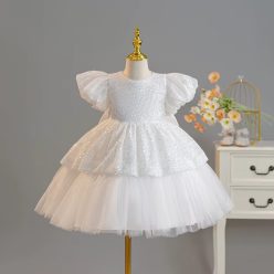 Rochita alba eleganta cu paiete Elia 4-7 ani lungime medie