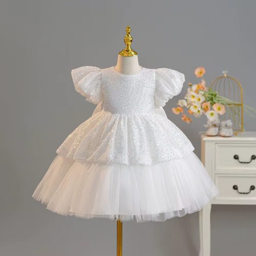 Rochita alba eleganta cu paiete Elia 4-7 ani lungime medie