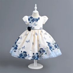   Rochita cu flori si fluturi albastru Casual Letis 3-12 ani lungime medie