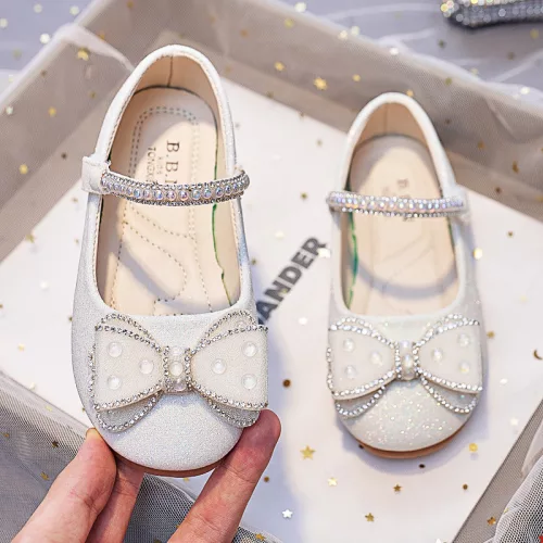 Pantofi albi glitter fara toc cu fundita si perlute fetite Casia 26-36