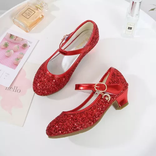 Pantofi cu toc fetite rosii eleganti glitter Ema 26-38 