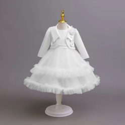 Rochita eleganta fetite Camy alba  3-8 ani cu bolero maneca lunga