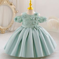   Rochie botez fetite 0-4 ani Beatrice verde tafta paiete lungime medie maneci Bardot