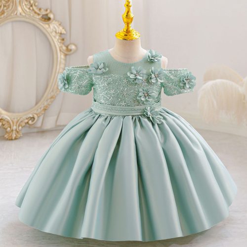 Rochie botez fetite 0-4 ani Beatrice verde tafta paiete lungime medie maneci Bardot