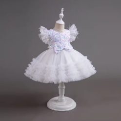   Rochie eleganta fete Miruna 3-12 ani alb cu paiete si fulgi lungime medie