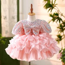   Rochita botez cu volane si paiete roz Emanuelle Deluxe 1-12 ani maneca scurta 