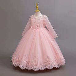 Rochie Misha roz deschis 3-10 ani broderie si maneca lunga