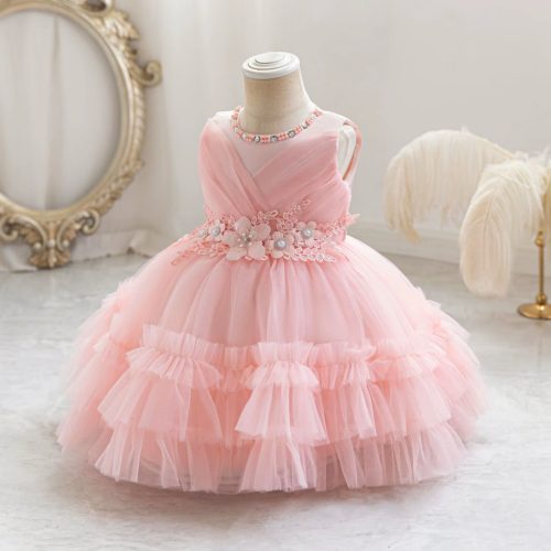 Rochie botez pentru fetite 0-4 ani roz deschis Christine lungime medie 