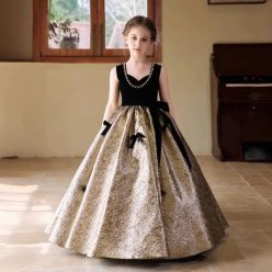   Rochita nunta fetite eleganta auriu cu negru Marisa DELUXE lunga 3-12 ani