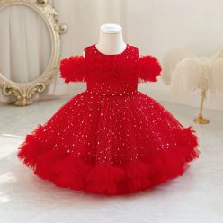 Rochita cu guler tip Bardot rosie Bonita 0-4 ani cu buline argintii