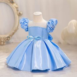   Rochie botez albastru deschis fetite 0-4 ani Lisandra simpla satin lungime medie