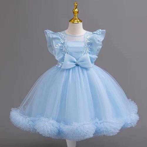 Rochii elegante fete nunta Carla albastru deschis 3-12 ani lungime medie cu tulle