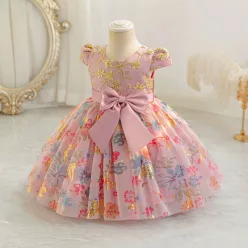   Rochita nunta roz pudra fetite Andreea cu fluturi si flori 1-5 ani lungime medie