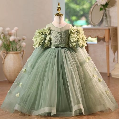 Rochie lunga de ocazie fete verde olive Lorette 3-12 ani cu voal pe umeri