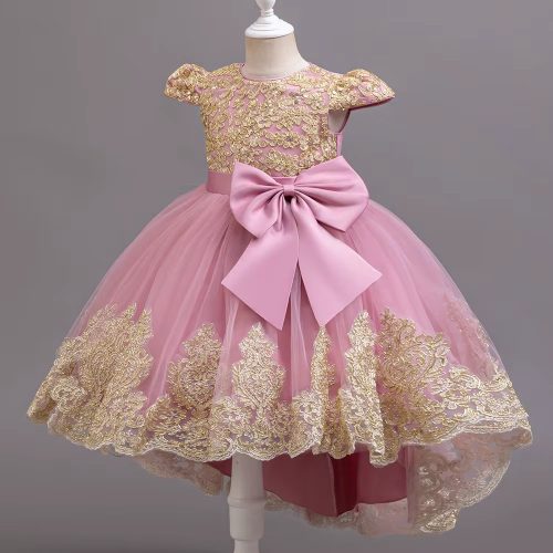 Rochie eleganta fete Leonide 3-12 ani roz cu broderie aurie cu trena