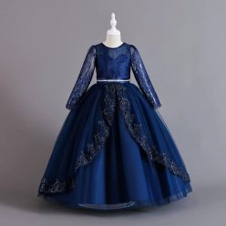   Rochie de ocazie fete Evelina albastru inchis 3-12 ani broderie paiete dantela si maneca lunga