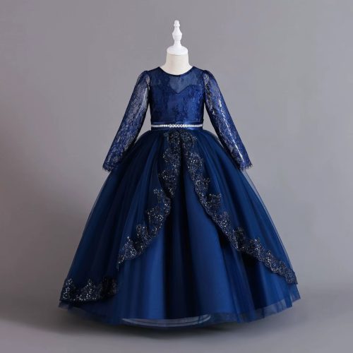 Rochie de ocazie fete Evelina albastru inchis 3-12 ani broderie paiete dantela si maneca lunga