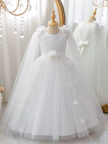 Rochita fetite eleganta petrecere alba lunga cu voal pe umeri si flori atasate Nataly 3-12 ani