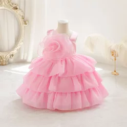 Rochie botez cu trandafir pentru fetite 1-5 ani roz deschis Minerva lungime medie