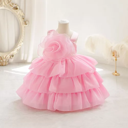 Rochie botez cu trandafir pentru fetite 1-5 ani roz deschis Minerva lungime medie