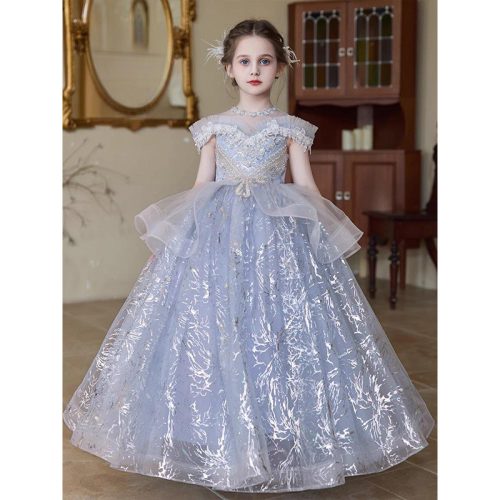 Rochita eleganta fetite Thea DELUXE albastru lunga guler tip Bardot si broderie