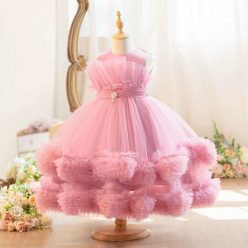   Rochita roz pudra eleganta fetite Adel 0-8 ani cu puf si volane 