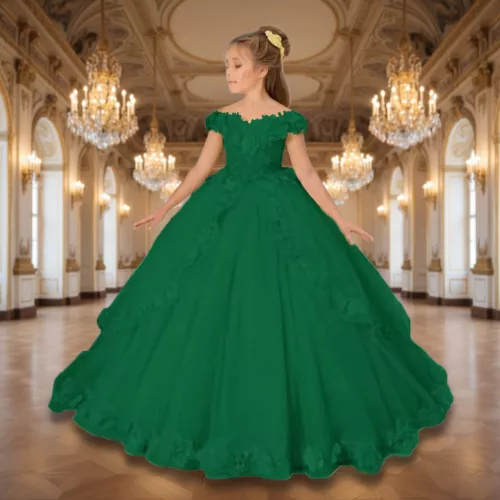 Rochita eleganta fetite verde Charlotte DELUXE lunga cu trena 2-12 ani