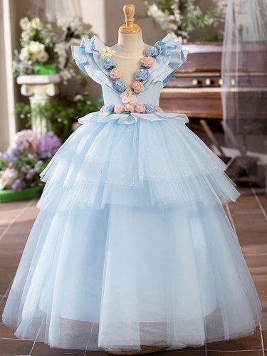 Rochita eleganta fetite Martina DELUXE albastru deschis lunga 3-12 ani