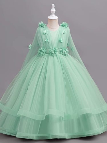 Rochita fetite eleganta verde Magdalena cu voal pe umeri 4-9 ani lunga