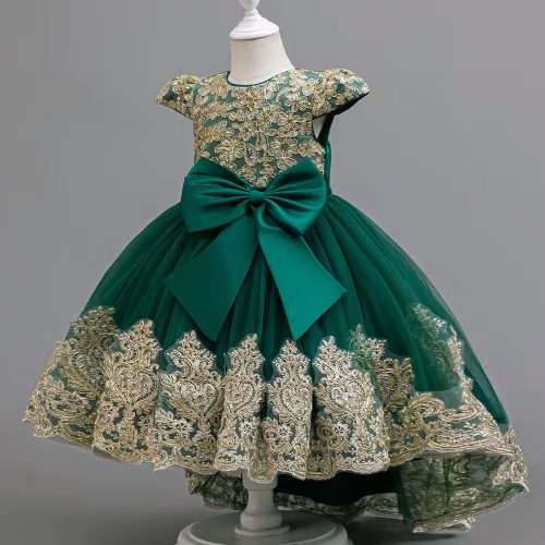 Rochie eleganta fete Leonide 3-12 ani verde cu broderie aurie cu trena