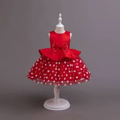   Rochita eleganta fetite rosie cu buline albe Malvina 3-12 ani lungime medie