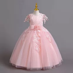   Rochita Davida 3-12 ani lunga roz deschis cu broderie si inchidere tip corset