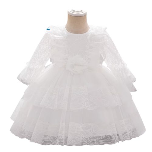 Rochie pentru fetite nunta botez Amara alba cu maneca lunga 0-4 ani 