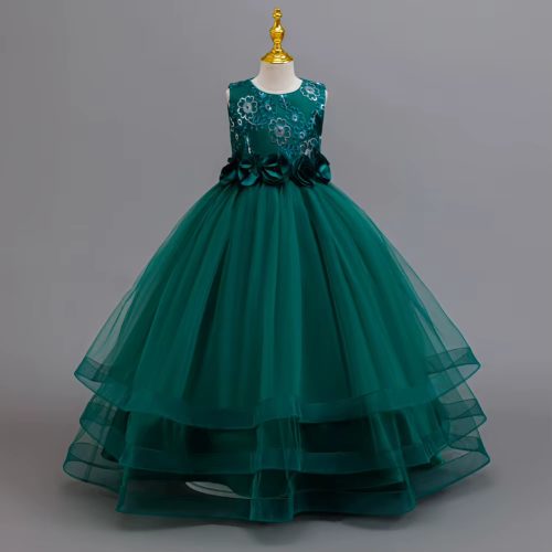 Rochie lunga de ocazie fete verde smarald Alessia 3-12 ani cu broderie si paiete