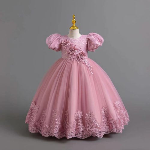 Rochie eleganta Pixie roz pudra 3-12 ani broderie si maneca scurta