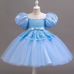   Rochita eleganta fete Meriva 1-8 ani albastru deschis cu paiete lungime medie 