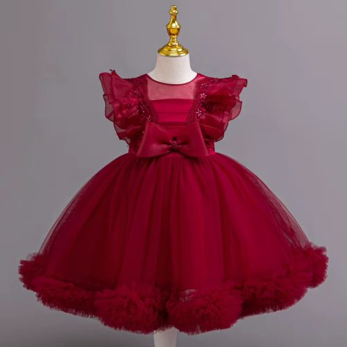 Rochii elegante fete nunta Carla bordo 3-12 ani lungime medie cu tulle