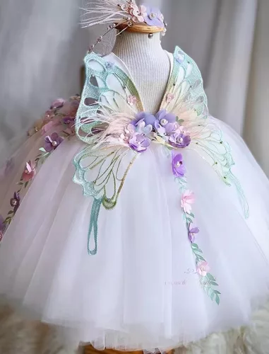 Rochita botez eleganta Astrid Deluxe Volume 0-12 ani alb cu fluture brodat si aplicatii IN STOC