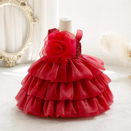 Rochie botez cu trandafir pentru fetite 1-5 ani bordo Minerva lungime medie