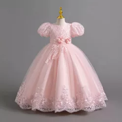   Rochie eleganta Enia roz deschis 3-12 ani broderie si maneca scurta