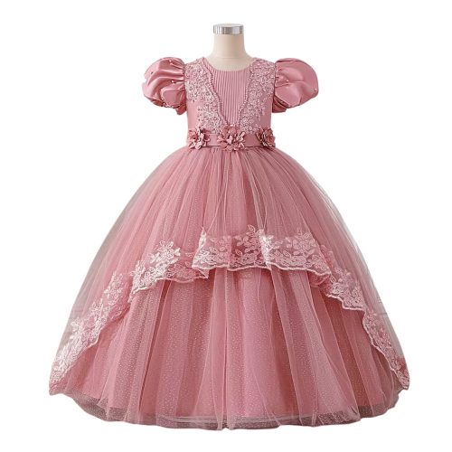 Rochita eleganta fete Ariadna 6-12 ani lunga cu broderie si maneca scurta