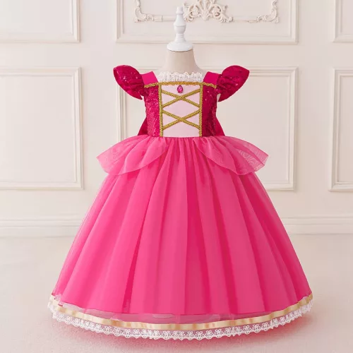 Rochita printesa Aurora roz fucsia 3-10 ani lunga