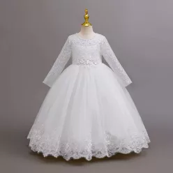 Rochie Misha alba 3-10 ani broderie si maneca lunga