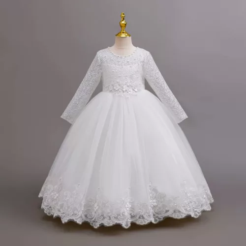 Rochie Misha alba 3-10 ani broderie si maneca lunga