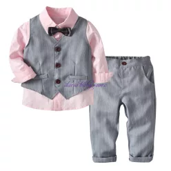   Set Davide format din camasa + pantaloni + vesta + papion 1-6 ani roz/gri